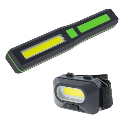 COB LED Blip Work Light and Mini Head Lamp Combo Pack work by AAA battery